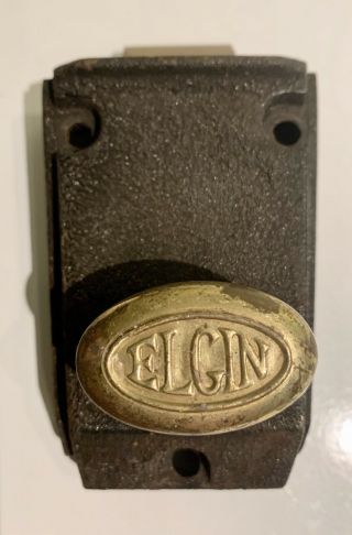 Vintage Elgin Cast Iron Black Dead Bolt Rim Lock With Brass Knob