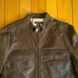 J Crew Mens Cafe Racer Moto Vintage Leather Biker Motorcycle Jacket Coat Brown S
