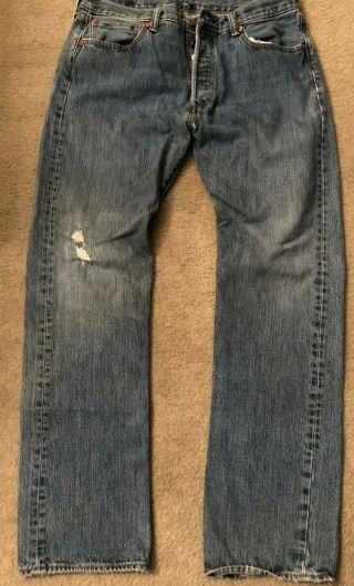 Men’s Levis Strauss & Co Blue 501 Button Fly Jeans Size 34 X 34 Distressed