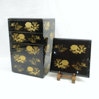 D0502 High - Class Japanese Old Lacquer Ware Jubako (nest Of Boxes) W/finest Makie