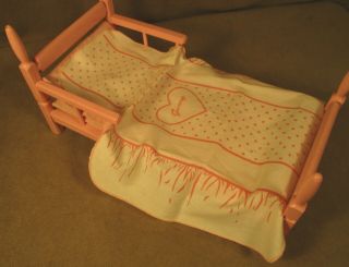 Vintage Vogue Ginny Doll Furniture - Pink Wood Bed w/Mattress & Sheet Set 2