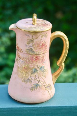 Antique 1891 - 1901 Doulton Burslem Limoges Pink Coffee Pot Enamel Mums
