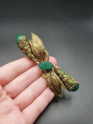 Vintage Antique 1930s Rare Czech Green Glass Metal Flower Bud Brooch
