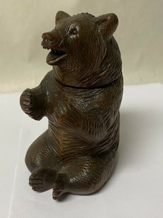 Detailed Antique Black Forest Carved Wood Bear Inkwell Penholder Glass Eyes