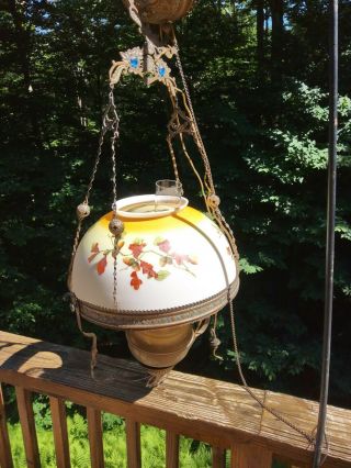Antique Millers Vestal Oil Kerosene Lamp Electrified Hanging Hand Painted Oak