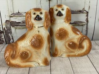 Rare Large 12.  5” Antique Pair Staffordshire Dogs With Glass Eyes