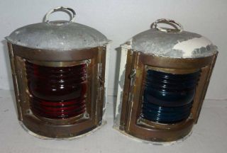 Vintage Pair Perko Perkins Marine Lamp Nautical Ship Lantern Red & Blue Lens
