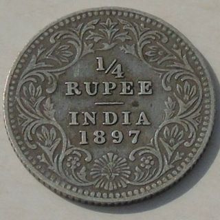 1897 British India Queen Victoria 1/4 Rupee,  Km 490,  Dark Fine Antique Coin