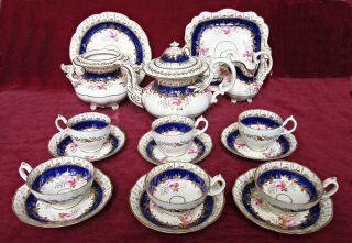 Antique Hilditch Porcelain Tea Set Hand - Painted Cabbage Roses Pattern 345,  C1830