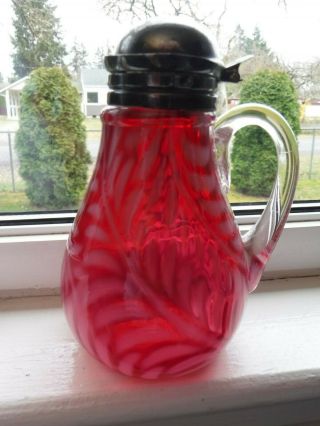 Antique Cranberry Glass Fern Syrup Pitcher 6