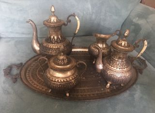 Antique Persian Silverplate 4 Piece Coffee & Tea Set W/ Tray