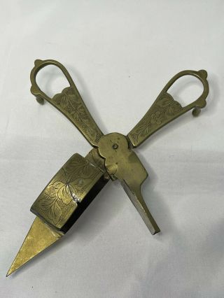Etched Brass Candle Wick Snuffer Cutter Scissors Hinged Vintage