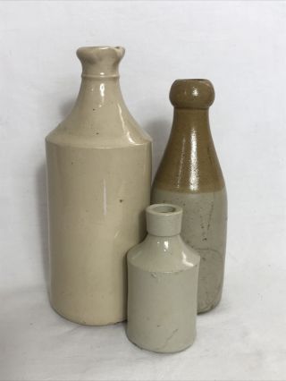 3 Lovely Antique Victorian Stoneware Bottles Beige Glaze Rustic Country Style Gc