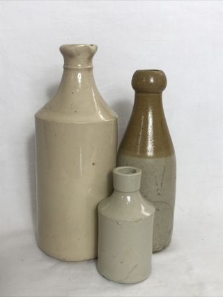 3 Lovely Antique Victorian Stoneware Bottles Beige Glaze Rustic Country Style GC 2