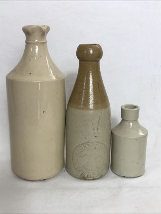 3 Lovely Antique Victorian Stoneware Bottles Beige Glaze Rustic Country Style GC 3