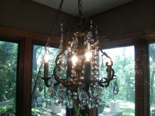 Rare.  Vintage Antique Spanish/french? Brass Chandelier W/crystals 4 Arm/light