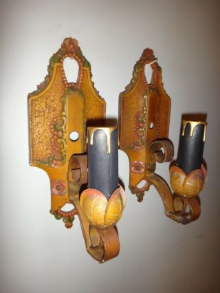 Antique Pair Cast Iron Electric Candle Wall Sconce By Lincoln Paint