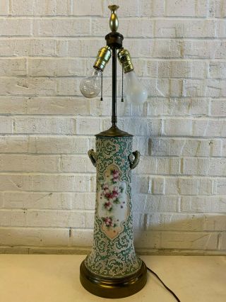 Antique Japanese Nippon Moriage Porcelain Vase W/ Floral Dec.  Converted To Lamp