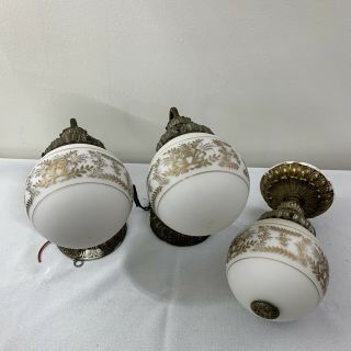 Mcm Milk Glass Globe Brass Wall (2) Light Fixtures (1) Ceiling Lamp Gold Floral
