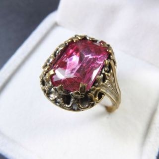 Antique Art Deco Pink Czech Glass Ring Metal Pink Paste Cocktail Ring Uk Size P