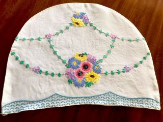 Vintage Hand Embroidered White Linen Floral Both Sides Tea Cosy Cover 14.  5x11”