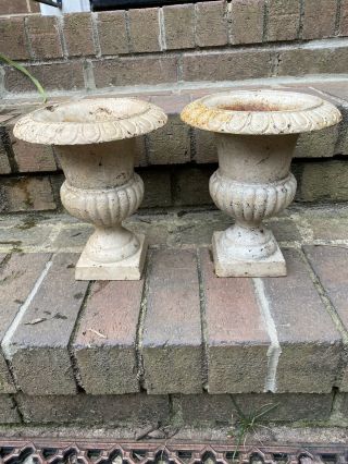 Vintage Pair Antique French Cast Iron Garden Planter Urns 9”