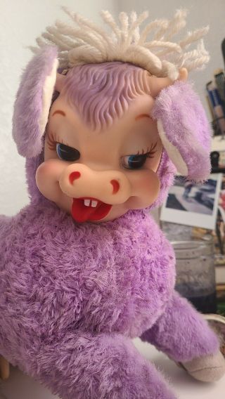 Vintage Rushton Rubber Face Plush Creepy (cute?) Purple Cow.  Tag