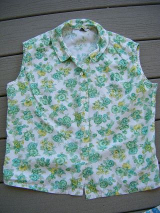 Couture Vtg 60s Green White Floral Print Sleeveless Blouse - Bust 42/m