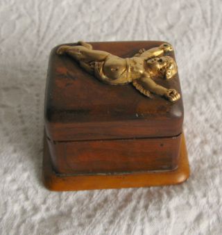 Antique Olive Wood And Brass Cherub Stamp Box