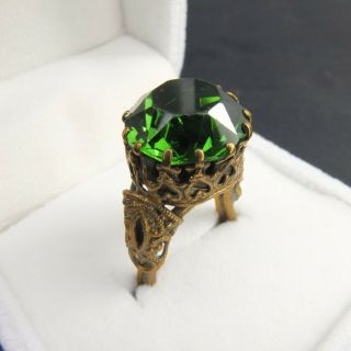Large Antique Art Deco Czech Glass Metal Emerald Green Paste Ring Adjustable