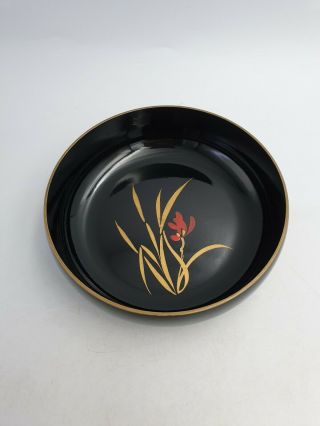 Vintage Japanese Black Lacquer Ware Bowl Hand Painted Gold Red Floral Inside