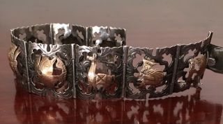 Antique Sterling Silver 925 and 18K Gold Peru Art Deco Aztec Link Bracelet 3