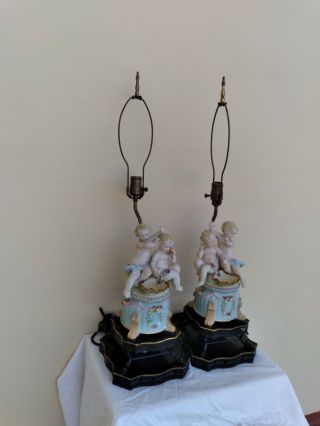 Pr Antique French Cherub Putti Porcelain Colored Bisque Lamps