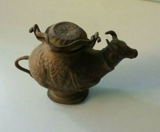 Old Vintage Antique Copper Cow Shape Engraved Handcrafted Nandi Holy Water Pot