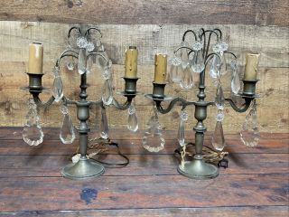 Antique French Girandoles Glass Crystal Table Lamps Candelabra