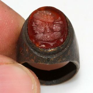 Intact Near East Antique Bronze Intaglio Seal Ring With Old Stone