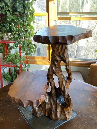 Vintage Grotto Boho 1970’s Live Edge Wood 2 Tier Table Plant Stand Hand Carved