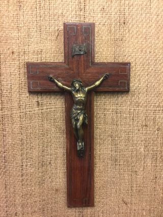 Large Mahogany Antique French Crucifix,  Spelter Brass Madonna Christ 132