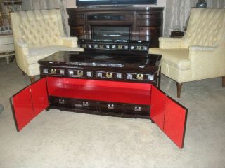 Vintage Black Lacquer MOP Low Cabinet Chest TV Stand 2