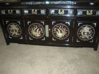 Vintage Black Lacquer MOP Low Cabinet Chest TV Stand 5