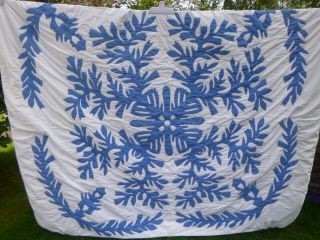 Vintage Hawaiian Blue White Cotton Quilt 76 " X 88 "