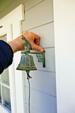 Vintage Patinated Brass Door Bell Hand Rung Wall Fixing Bird,  Flowers 80s
