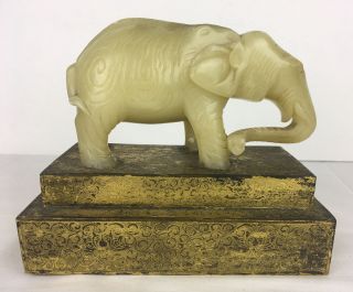 Antique 6 " Long 3 " Tall White Jade Elephant Hand Carved W Brass Base W Scrolls