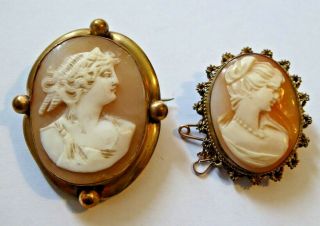 2 X Antique Vintage Carved Shell Cameo Brooches / Pendants