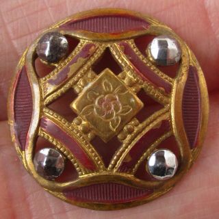7/8 " Antique Stamped Brass Button W Hand Painted Enamel & Riveted Cut Steels