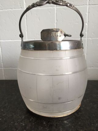 Stunning Antique Frosted Glass Biscuit Barrel With Silver Plate Lid