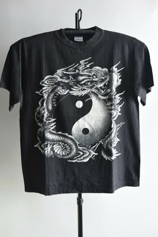 VTG Chinese Dragon Yin Yang Black Thick Cotton T Shirt XL Sz 2