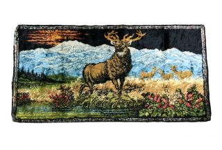 Vtg Tapestry Wall Hanging Rug Elk Buck Stag Deer Lodge Cabin Decor 37” X 19.  ”