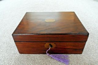 Antique Victorian Work Box With A Brass Cartouche And Escutcheon And Inner Tray.