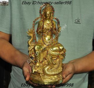 Old China Buddhist Bronze 24k Gold Gilt Inlay Gem Dragon Kwan - Yin Guanyin Statue